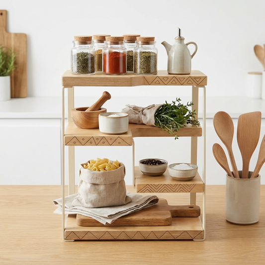 Modern Natural Wood Multi-Tier Countertop Organizer Rack
