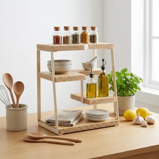 Modern Natural Wood Multi-Tier Countertop Organizer Rack