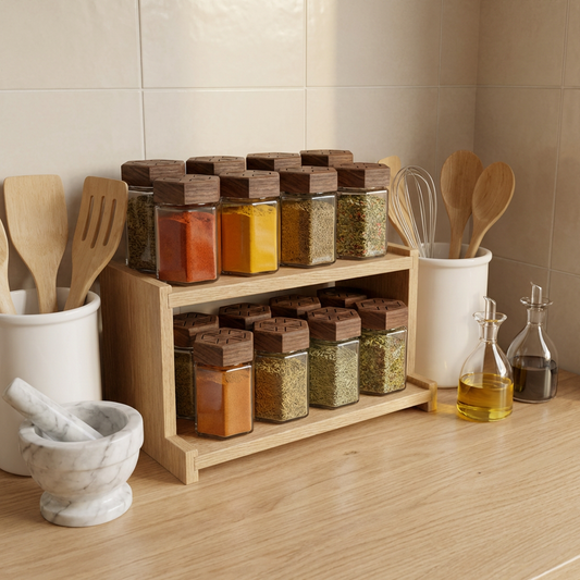 Hexagon Glass Spice Jar with Carved Wooden Lid
