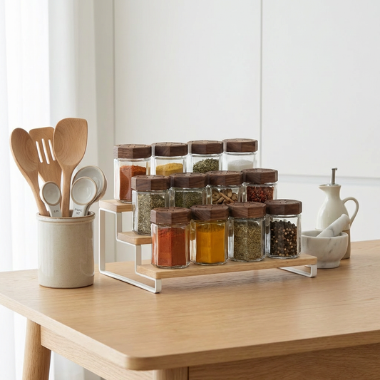 Hexagon Glass Spice Jar with Carved Wooden Lid
