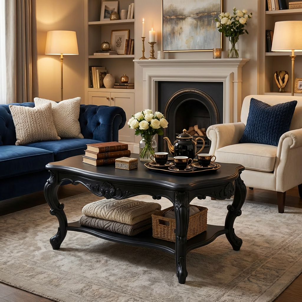 French Vintage Carved Coffee Table with Lower Shelf