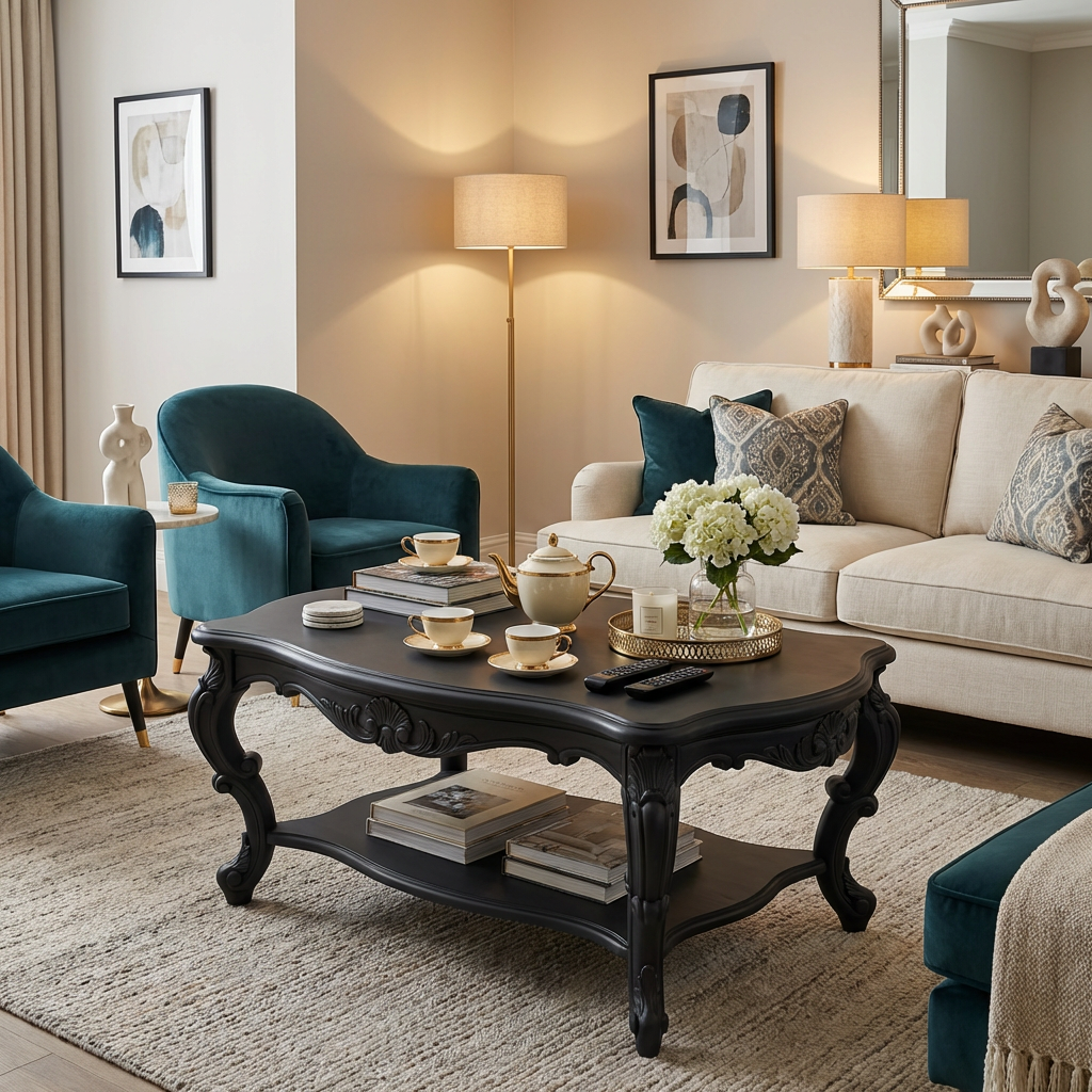 French Vintage Carved Coffee Table with Lower Shelf