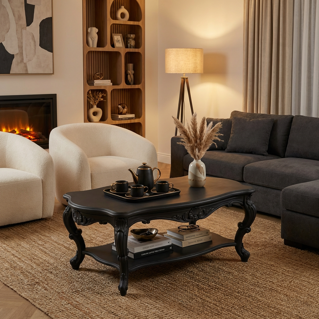 French Vintage Carved Coffee Table with Lower Shelf