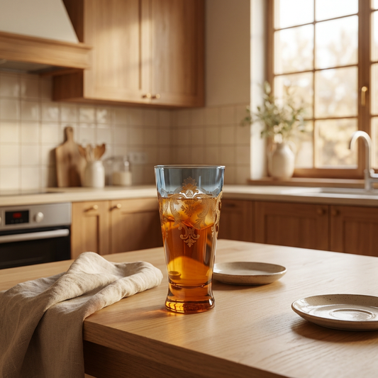 Vintage Gradient Glass Tumbler (Blue–Amber) with Gold Embossed Pattern