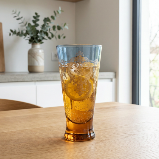 Vintage Gradient Glass Tumbler (Blue–Amber) with Gold Embossed Pattern